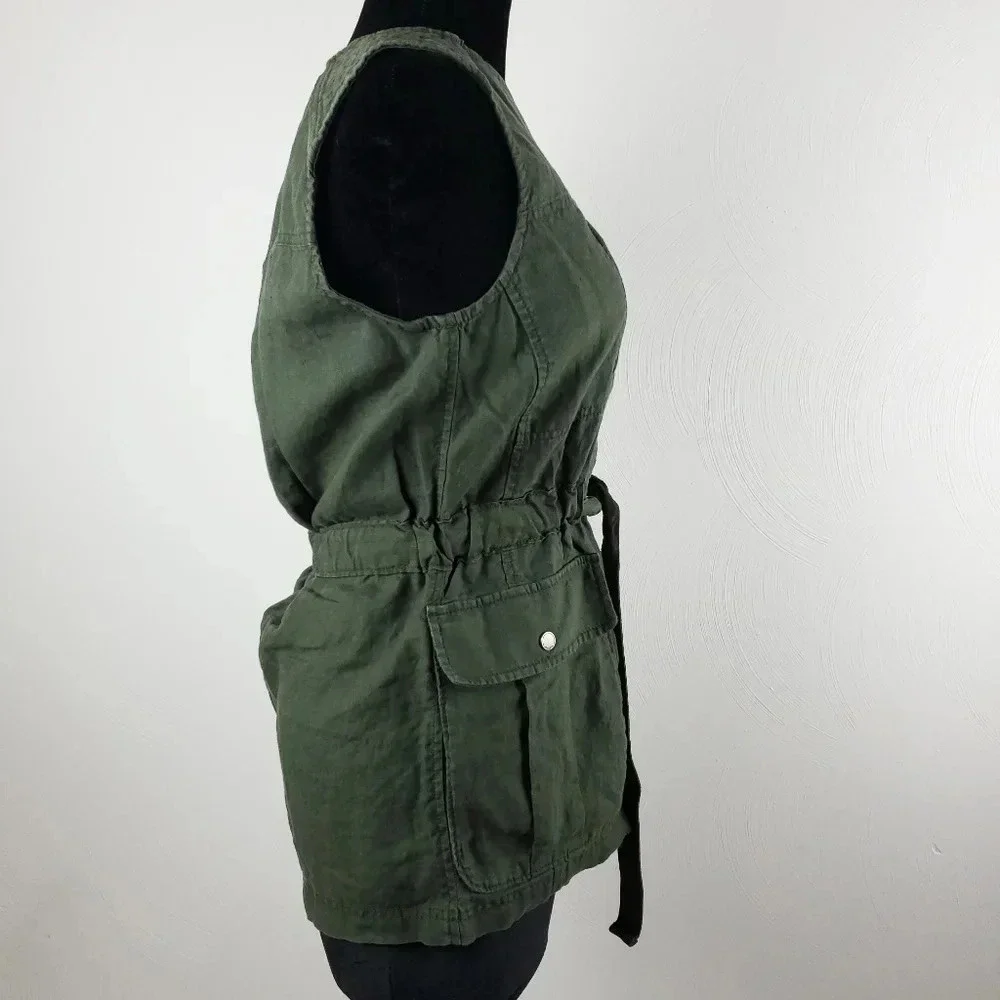 Athleta Wanderabout 100% linen olive green utility tunic vest xs zip-up top xs